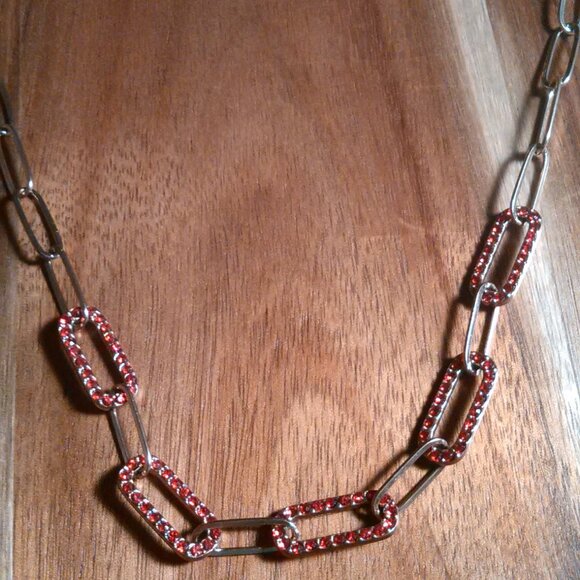 Red Austrian Crystal Paperclip Ion Plated Rose Gold Stainless Steel Necklace - Picture 4 of 10